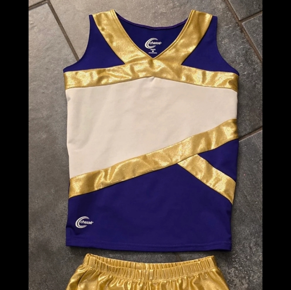 Chasse Cheerleader Uniform Top And Shorts Purple Gold White Youth Medium Outfit
